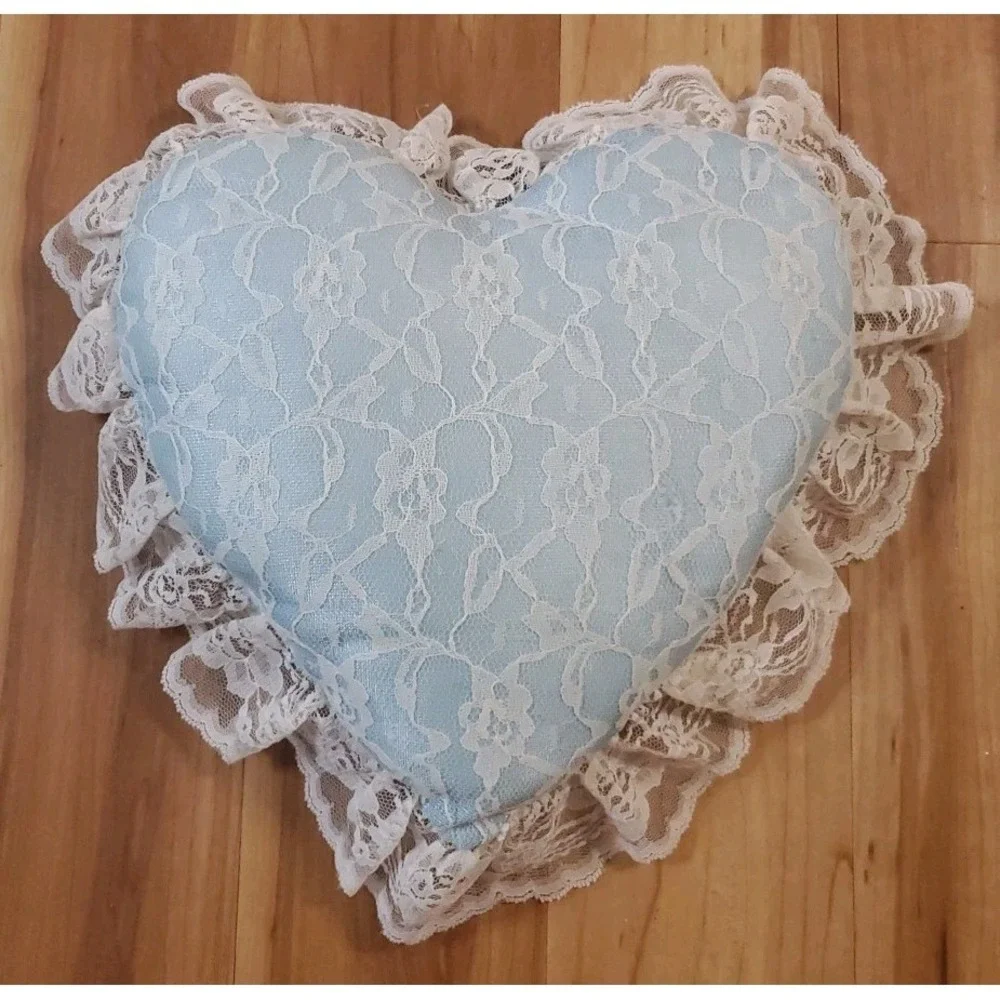 Heart Shaped Floral Lace Throw Pillow Light Blue Cottagecore‎ Victorian Romantic